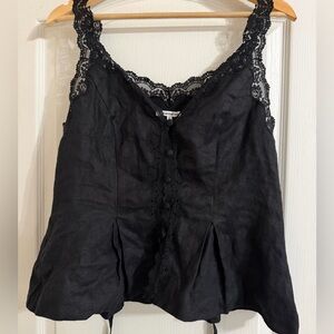 Reformation Josephine Black Linen top with Lace Detail